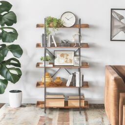 FURNOS Industrial 5 Tier Bookcase Storage Shelf Unit Living Room Furniture in Brown - thumbnail 3