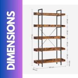 FURNOS Industrial 5 Tier Bookcase Storage Shelf Unit Living Room Furniture in Brown - thumbnail 6