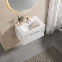 Balterley Wall Hung 1 Drawer Vanity Unit - Minimalist Basin 600mm, Satin White - thumbnail 3