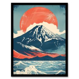 Artery8 Mount Fuji Sun Japanese Bold Artwork Blue Orange Framed Art Print - Size: A4 - thumbnail 1