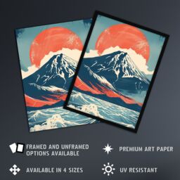 Artery8 Mount Fuji Sun Japanese Bold Artwork Blue Orange Framed Art Print - Size: A4 - thumbnail 2