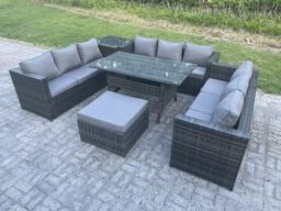 Fimous 10 Seater Outdoor Wicker Garden Furniture Rattan Lounge Sofa Set Patio Dining Table wFootstool Side Table in Dark Grey - thumbnail 2