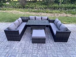 Fimous 10 Seater Outdoor Wicker Garden Furniture Rattan Lounge Sofa Set Patio Dining Table wFootstool Side Table in Dark Grey - thumbnail 1