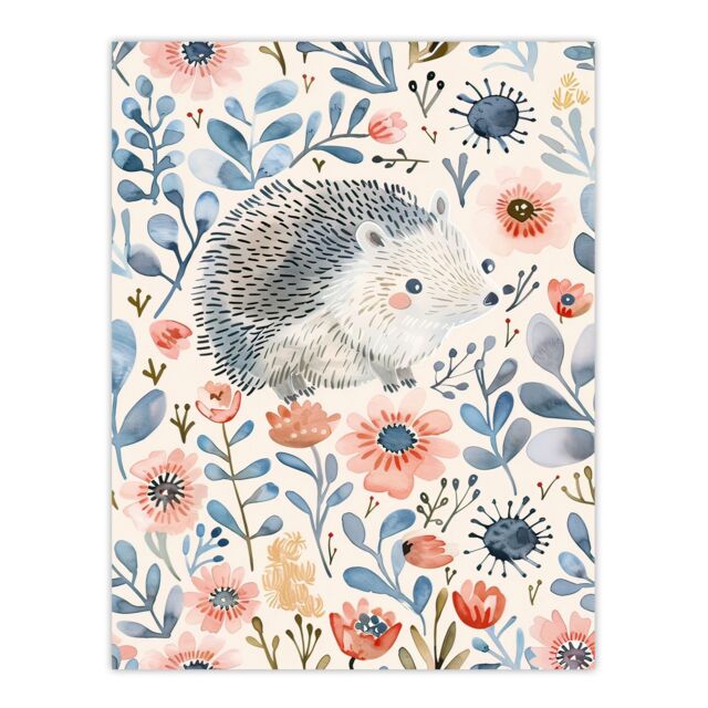 "Artery8 Cute Hedgehog with Blue Pink Flowers Watercolour Wall Art Print - Size: W24"" x H32""" - image 1