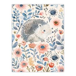 "Artery8 Cute Hedgehog with Blue Pink Flowers Watercolour Wall Art Print - Size: W24"" x H32""" - thumbnail 1