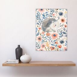 "Artery8 Cute Hedgehog with Blue Pink Flowers Watercolour Wall Art Print - Size: W24"" x H32""" - thumbnail 4