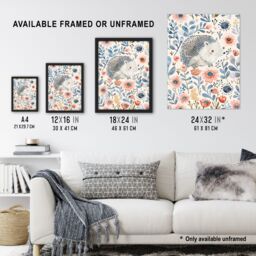 "Artery8 Cute Hedgehog with Blue Pink Flowers Watercolour Wall Art Print - Size: W24"" x H32""" - thumbnail 3