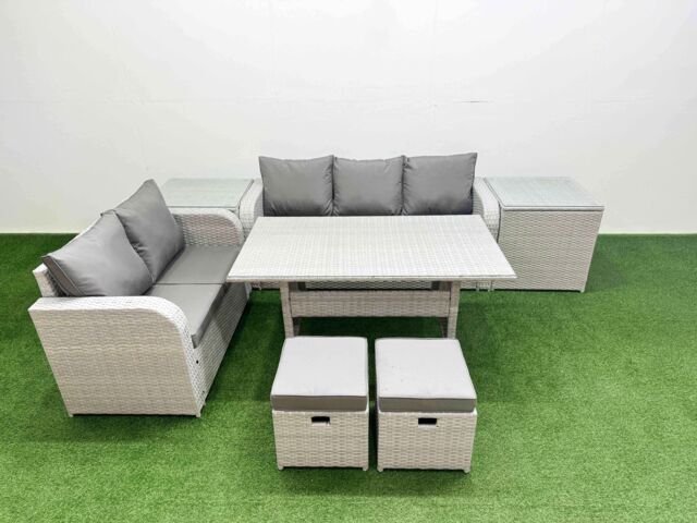 Fimous 7 Seater PE Rattan Wicker Garden Furniture Patio Conservatory Sofa Set w/ Rectangular Dining Table 3 Seater Sofa Love Sofa 2 Stools 2 Side - image 1