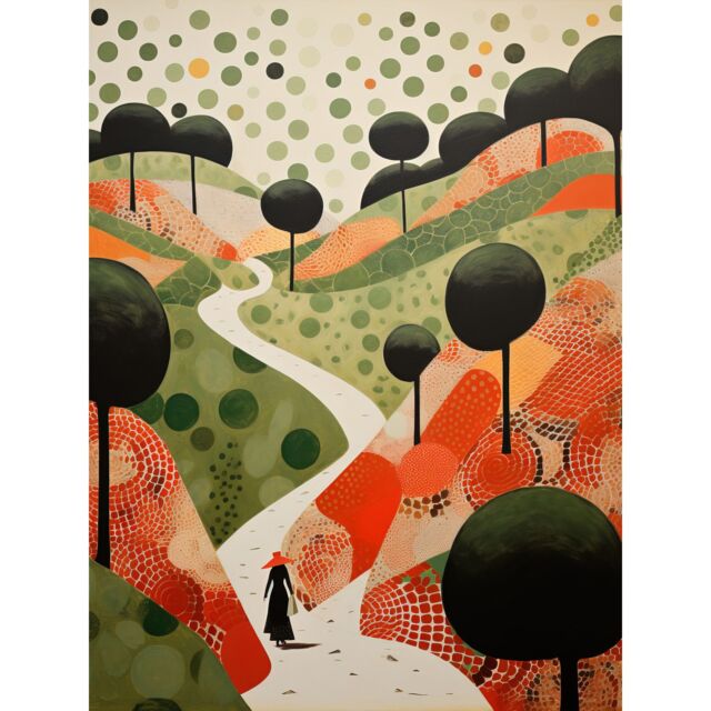 "Artery8 Wall Art Print Walk on the Countryside Hill Path Folk Art Oil Painting Red Orange Green Abstract Landscape Artwork Poster - Size: W18"" x H24""" - image 1