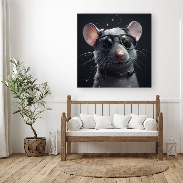 "Warren Reed - Designer Splashart Rat In Glasses Canvas in Grey - Size: W30"" x H30""" - image 1