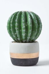 Homescapes Golden Barrel Artificial Cactus in Contemporary Stone Pot, 19 cm Tall in Green