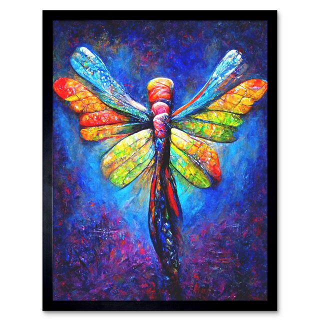 "Artery8 Wall Art Print Vibrant Neon Dragonfly Glowing Night Oil Painting Art Framed in Black - Size: W12"" x H16""" - image 1