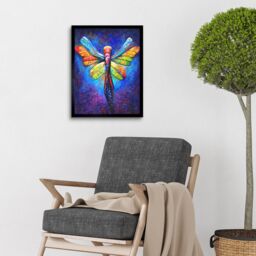 "Artery8 Wall Art Print Vibrant Neon Dragonfly Glowing Night Oil Painting Art Framed in Black - Size: W12"" x H16""" - thumbnail 2