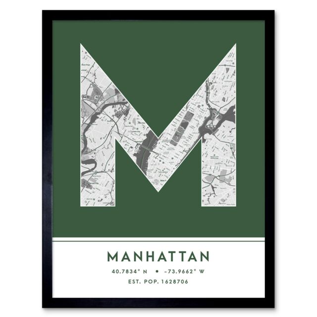 "Wee Blue Coo Wall Art Print Manhattan New York United States City Map Modern Typography Stylish Letter Framed Word in Green - Size: W12"" x H16""" - image 1
