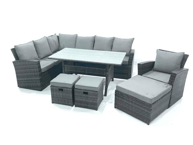 Fimous Outdoor Furniture Garden Dining Set Rattan Corner Sofa Set with 3 Footstools Armchair in Dark Grey - image 1