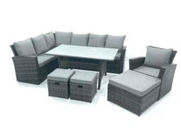Fimous Outdoor Furniture Garden Dining Set Rattan Corner Sofa Set with 3 Footstools Armchair in Dark Grey - thumbnail 1