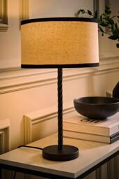 ValueLights Maura Natural Linen Black Trim Shade Black Twist Table Lamp & Bulb