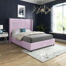 KDMD Volta Straight Winged Upholstered Soft Velvet Pink Bed Frame - Size: Small Double - thumbnail 1