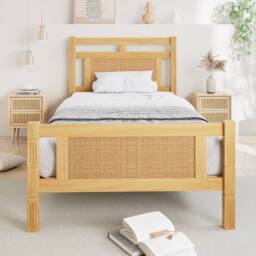 BTM Wooden Bed with Rattan Paper Finish, Wood Color in Natural - Size: Double - thumbnail 2