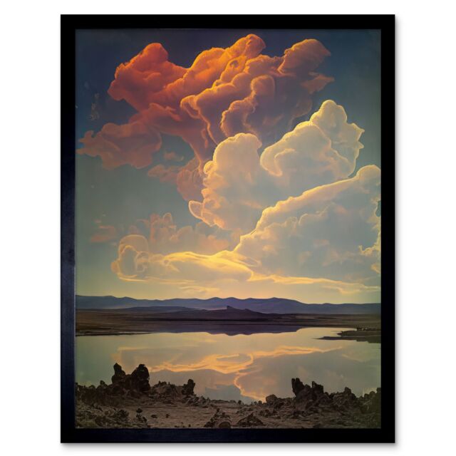"Artery8 Wall Art Print Vintage Style Atmospheric Cloud Reflections in Lake Modern Watercolour Painting Art Framed in Black - Size: W12"" x H16""" - image 1