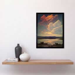 "Artery8 Wall Art Print Vintage Style Atmospheric Cloud Reflections in Lake Modern Watercolour Painting Art Framed in Black - Size: W12"" x H16""" - thumbnail 2