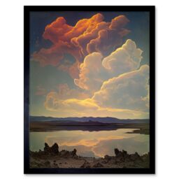 "Artery8 Wall Art Print Vintage Style Atmospheric Cloud Reflections in Lake Modern Watercolour Painting Art Framed in Black - Size: W12"" x H16""" - thumbnail 1