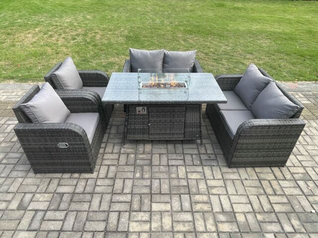 Fimous Rattan Outdoor Garden Furniture Sofa Set Gas Fire Pit Dining Table Gas Heater with Love Sofa Recling Chair 6 Seater in Dark Grey - image 1