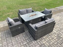 Fimous Rattan Outdoor Garden Furniture Sofa Set Gas Fire Pit Dining Table Gas Heater with Love Sofa Recling Chair 6 Seater in Dark Grey - thumbnail 3