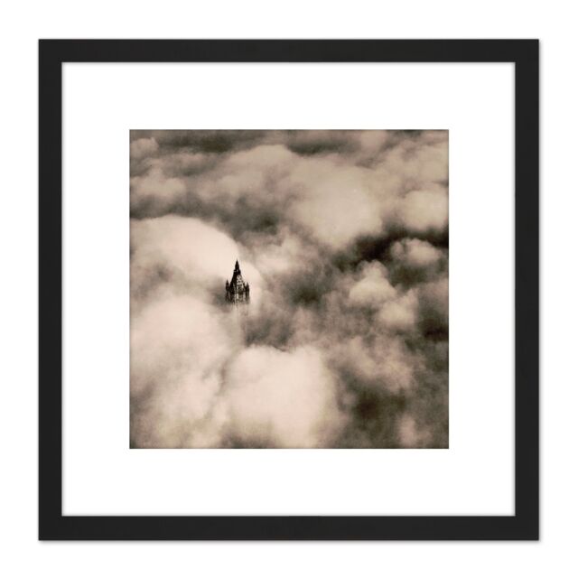 Artery8 New York Woolworth Building Above Clouds Aerial Vintage Photo 8X8 Inch Square Wooden Framed Wall Art Print Picture with Mount in Black - image 1
