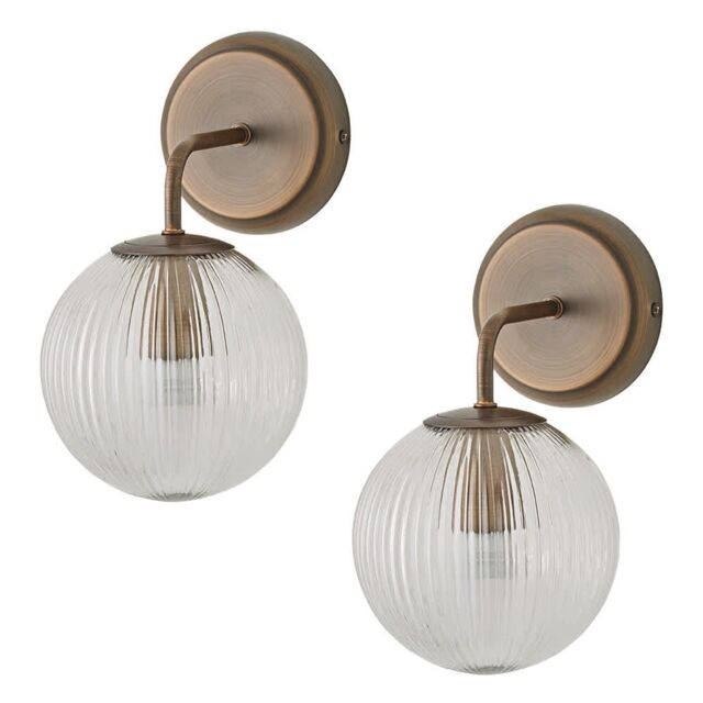 ValueLights Kempton Pair of Ribbed Glass Globe Shade Single Arm Wall Lights in Bronze