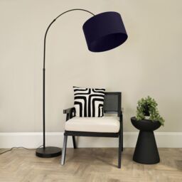 ValueLights Louis Black Arched Curved Floor Lamp with Fabric Drum Lamp Shade in Navy - thumbnail 1