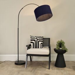 ValueLights Louis Black Arched Curved Floor Lamp with Fabric Drum Lamp Shade in Navy - thumbnail 3