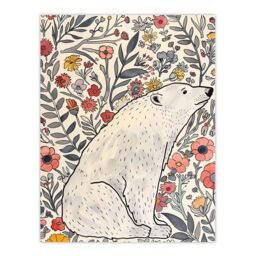 "Artery8 Polar Bear Wildflower Pattern Soft Watercolour Wall Art Print - Size: W12"" x H16""" - thumbnail 1