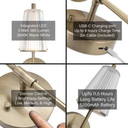 Happy Homewares Antique Brass Wireless Rechargeable Touch Dimmer Wall Light with Ribbed Shade in Metallic Gold - thumbnail 5