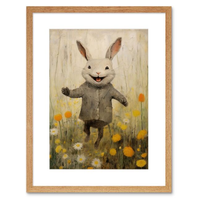 "Artery8 Wall Art Print Raincoat Rabbit Happy Bunny Flower Meadow Kids Girls Bedroom Nursery Artwork Framed 9X7 Inch in Beige - Size: W7"" x H9""" - image 1