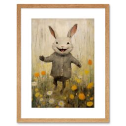 "Artery8 Wall Art Print Raincoat Rabbit Happy Bunny Flower Meadow Kids Girls Bedroom Nursery Artwork Framed 9X7 Inch in Beige - Size: W7"" x H9""" - thumbnail 1