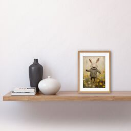 "Artery8 Wall Art Print Raincoat Rabbit Happy Bunny Flower Meadow Kids Girls Bedroom Nursery Artwork Framed 9X7 Inch in Beige - Size: W7"" x H9""" - thumbnail 2