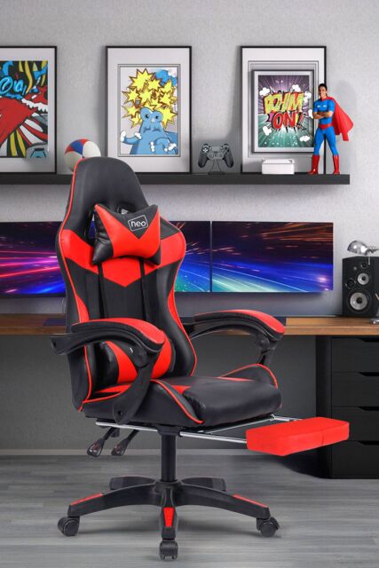 Neo Foot Turbo Massage Leather Recliner PC Gaming Chair with Footrest in Red - image 1