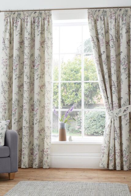 Dreams & Drapes 'Jazmine' 100% Cotton Floral Print Pair of Pencil Pleat Curtains With Tie-Backs in Lavender - Size: 168 cm width x 183 cm drop - image 1
