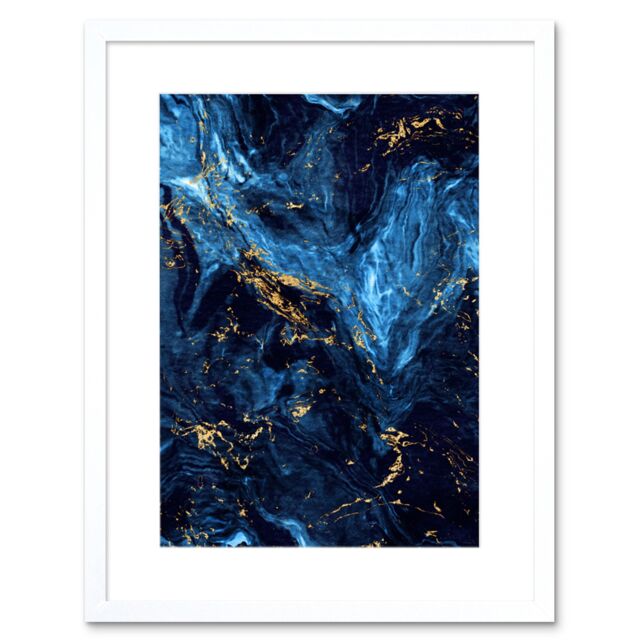 "Artery8 Wall Art Print Abstract Dark Blue Gold Swirl Art Framed 9x7 inch in White - Size: W7"" x H9""" - image 1