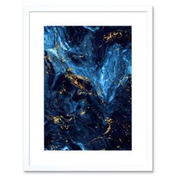 "Artery8 Wall Art Print Abstract Dark Blue Gold Swirl Art Framed 9x7 inch in White - Size: W7"" x H9""" - thumbnail 1