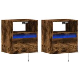 Berkfield Home Wall-mounted Bedside Cabinets with LED Lights 2 pcs Smoked Oak in Brown - thumbnail 3