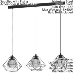 Loops Hanging Ceiling Pendant Light Geometric Black & Glass 3x E27 Kitchen Island - thumbnail 2