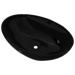 Berkfield Home Ceramic Bathroom Sink Basin Faucet/Overflow Hole Black Oval - thumbnail 2