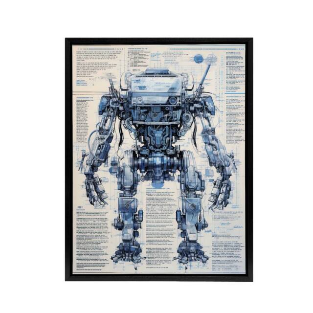 "Artery8 Mech War Military Robot Schematic Framed Canvas Wall Art Print in Blue - Size: W12"" x H16""" - image 1