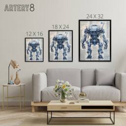 "Artery8 Mech War Military Robot Schematic Framed Canvas Wall Art Print in Blue - Size: W12"" x H16""" - thumbnail 4