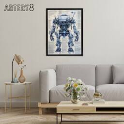 "Artery8 Mech War Military Robot Schematic Framed Canvas Wall Art Print in Blue - Size: W12"" x H16""" - thumbnail 3