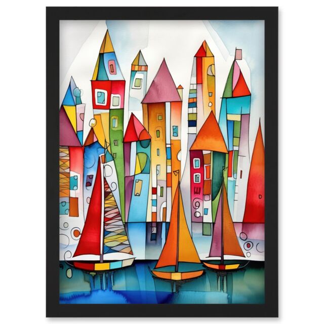Artery8 Modern Marina Colourful Port Folk Art Watercolour Painting Artwork Framed Wall Art Print A4 in Black - image 1