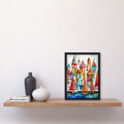 Artery8 Modern Marina Colourful Port Folk Art Watercolour Painting Artwork Framed Wall Art Print A4 in Black - thumbnail 2