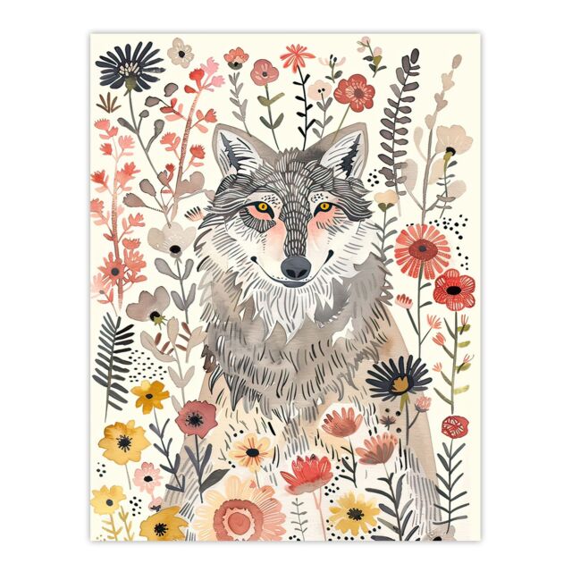 "Artery8 Smiling Wolf Wildflower Meadow Floral Watercolour Wall Art Print in Pink - Size: W12"" x H16""" - image 1